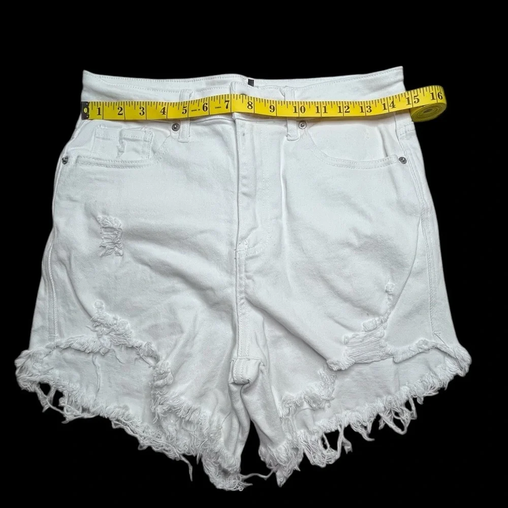 Risen High Waist White Distressed Women Shorts, Size Large - Picture 3 of 9